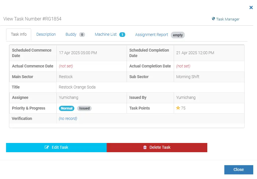 When an issue arises or a job is required to be performed, whether it's a malfunction, restocking need, or regular maintenance, operators can instantly generate a Task through Vendron Cloud.
